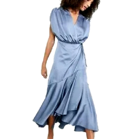 Curve Satin Wrap Mididress Ruched Detail Dusky Blue Size 0 (ASOS DESIGN) - Picture 3 of 17